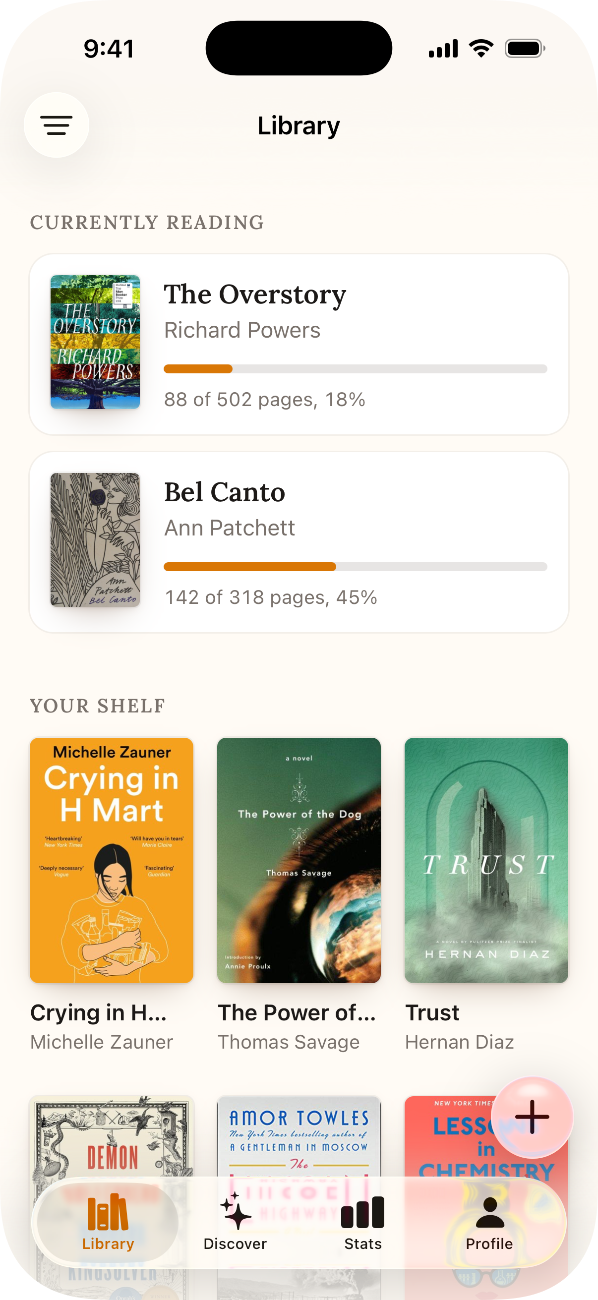 Demo app library screen with a native tab bar