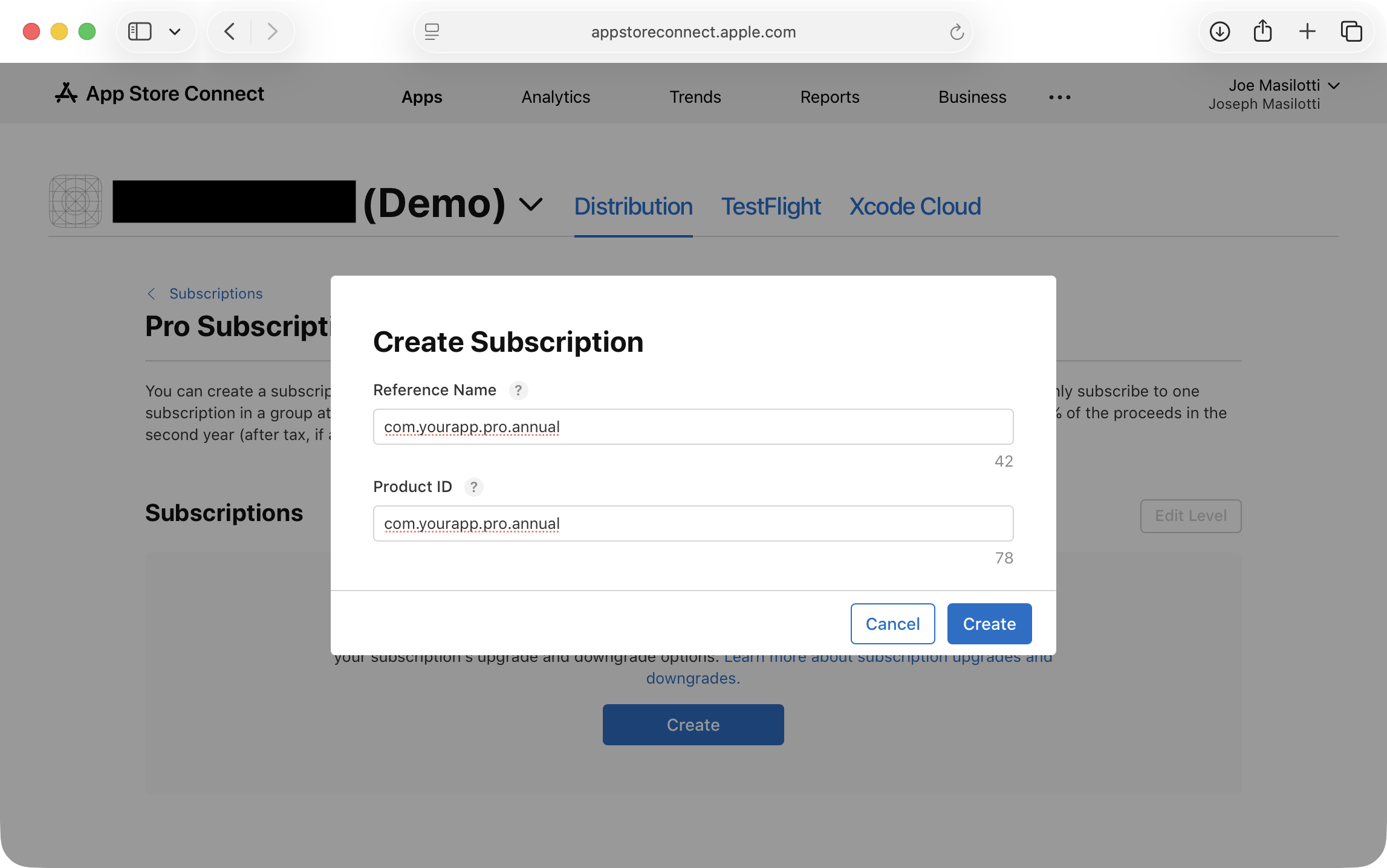 Creating a new subscription with product ID