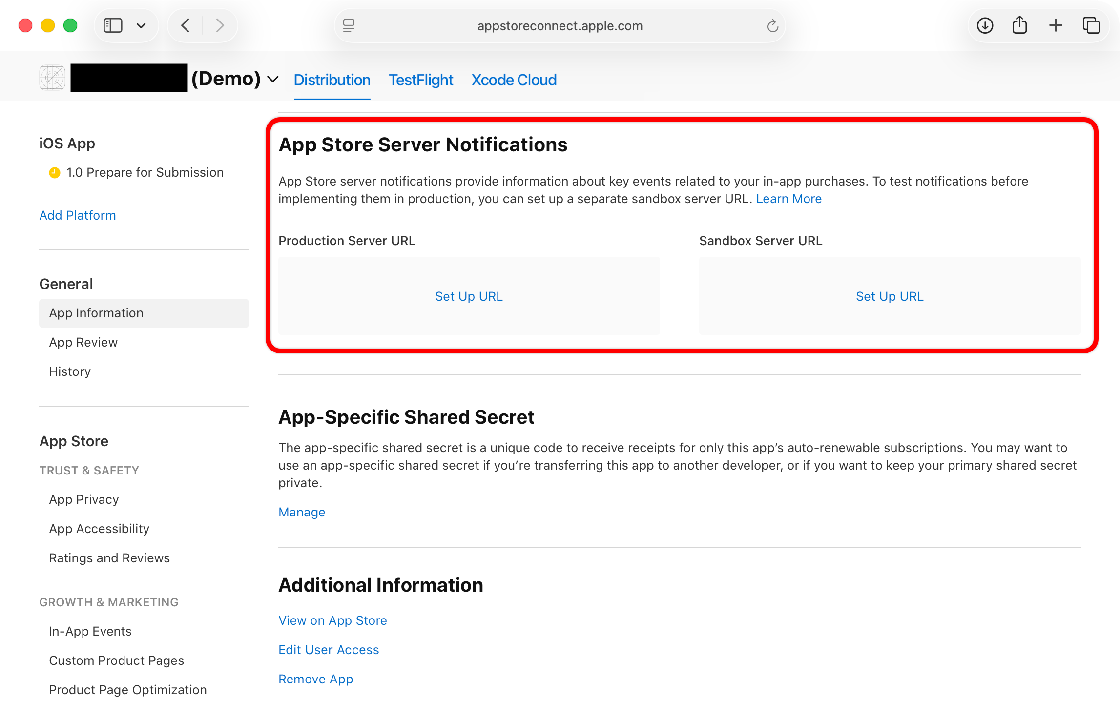 The App Store Server Notifications section on the App Information page in App Store Connect