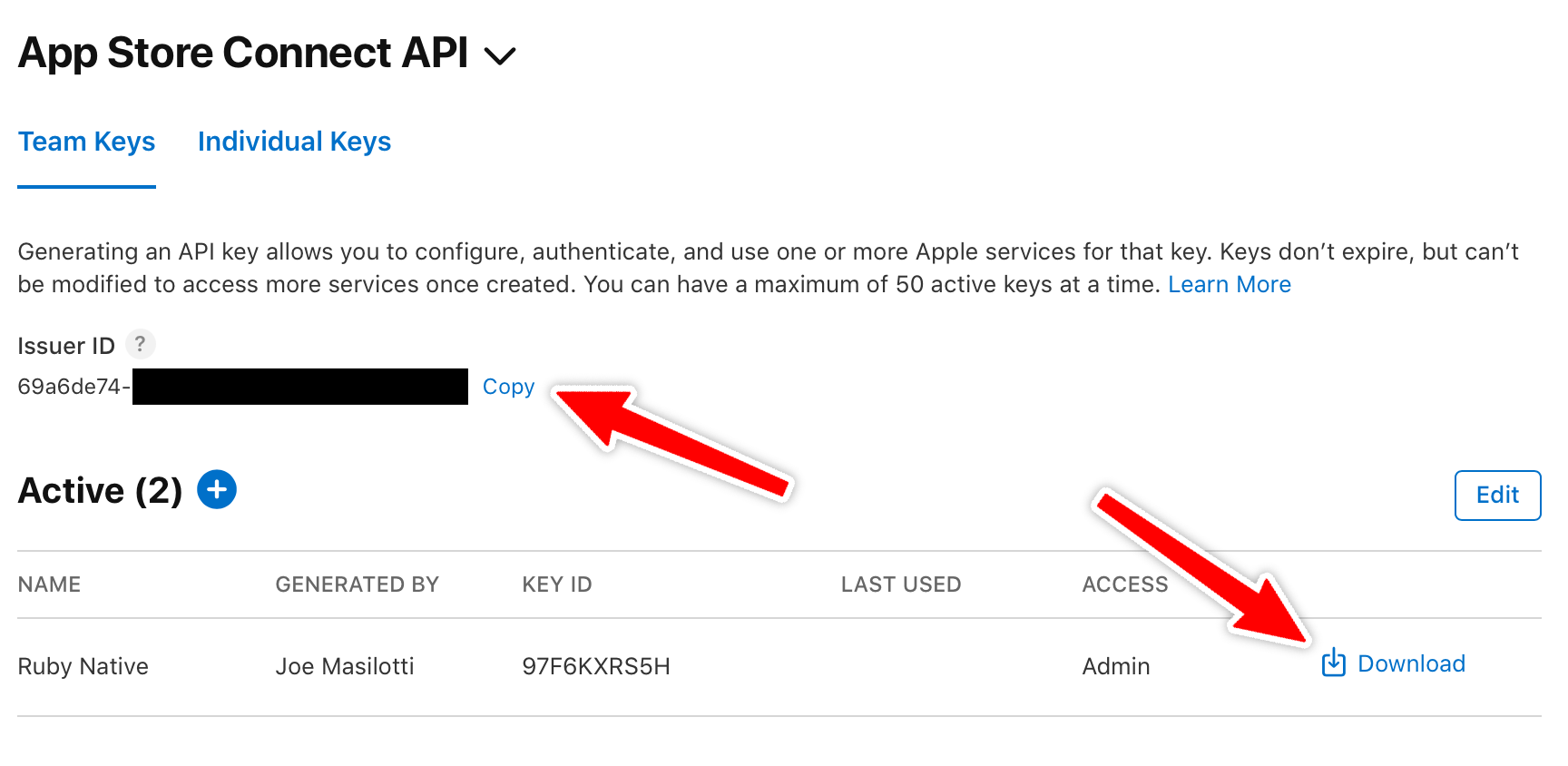 API keys table showing Key ID, Issuer ID, and Download button