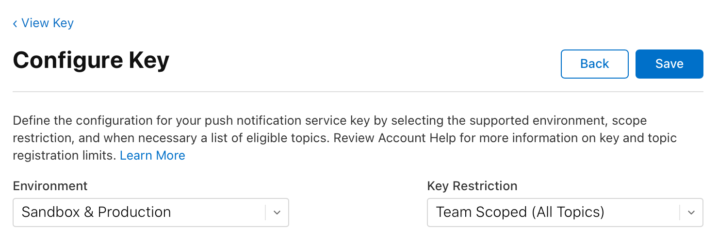 Configure Key page with Sandbox & Production and Team Scoped selected