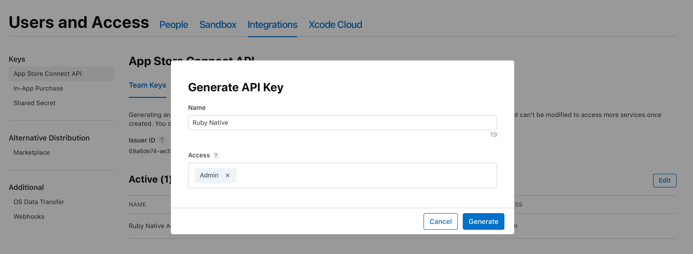 Generate API Key dialog with Admin role selected