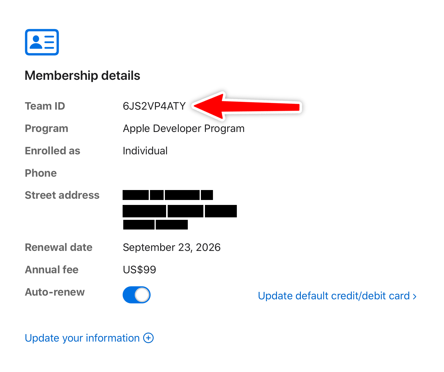 Membership details section with Team ID highlighted