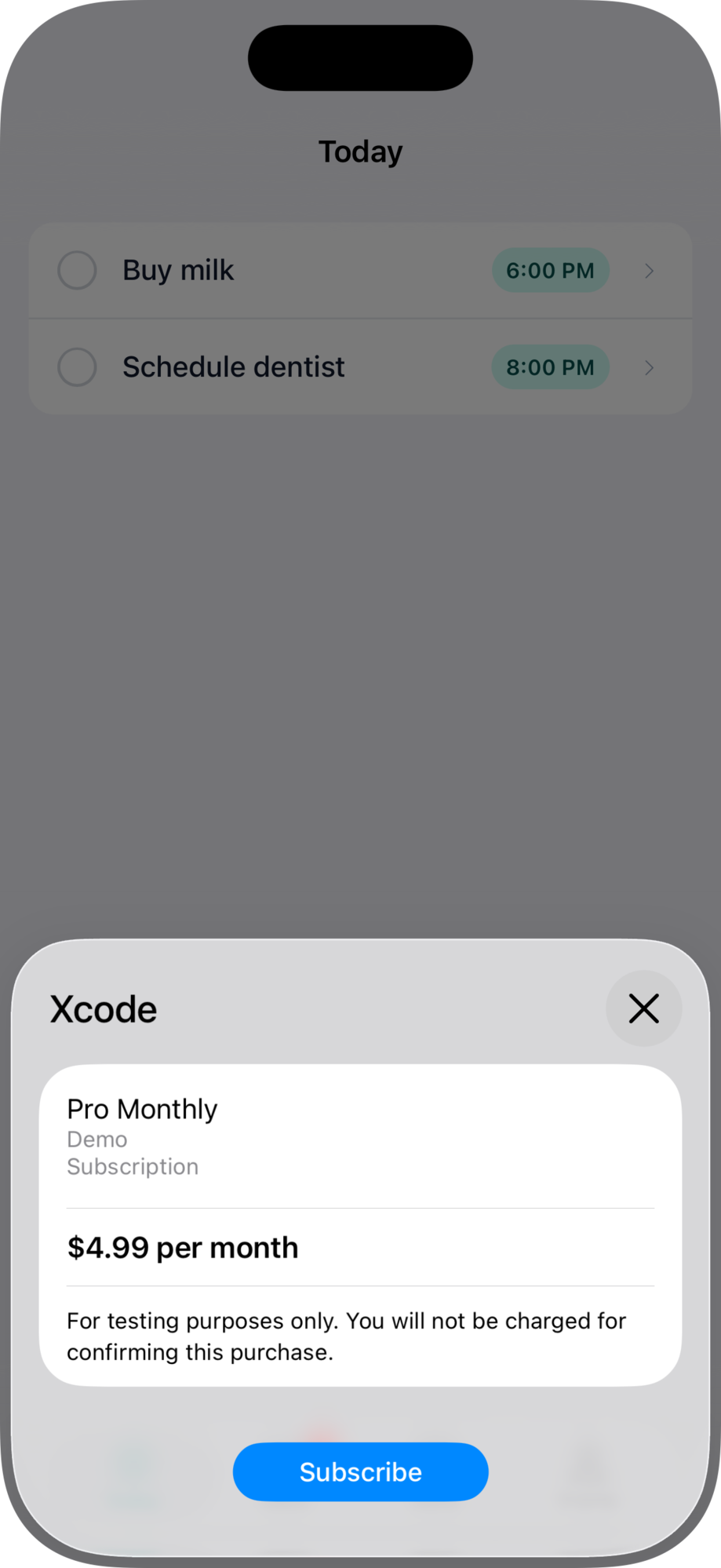 StoreKit purchase sheet over the app on iOS