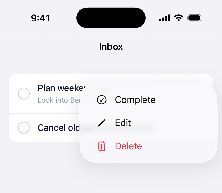 In-content menu open over a todo row on iOS