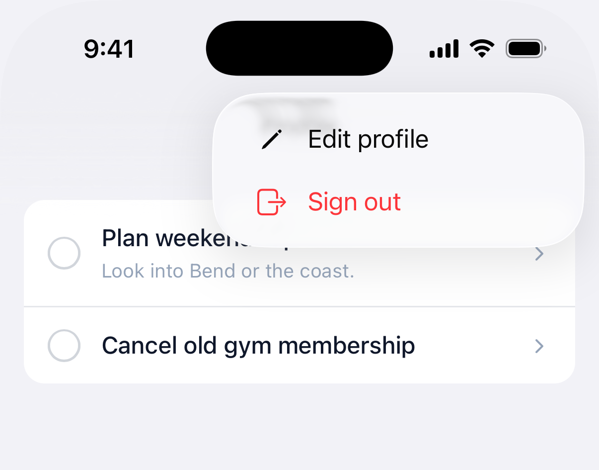 Navbar menu open with a red destructive Sign out on iOS