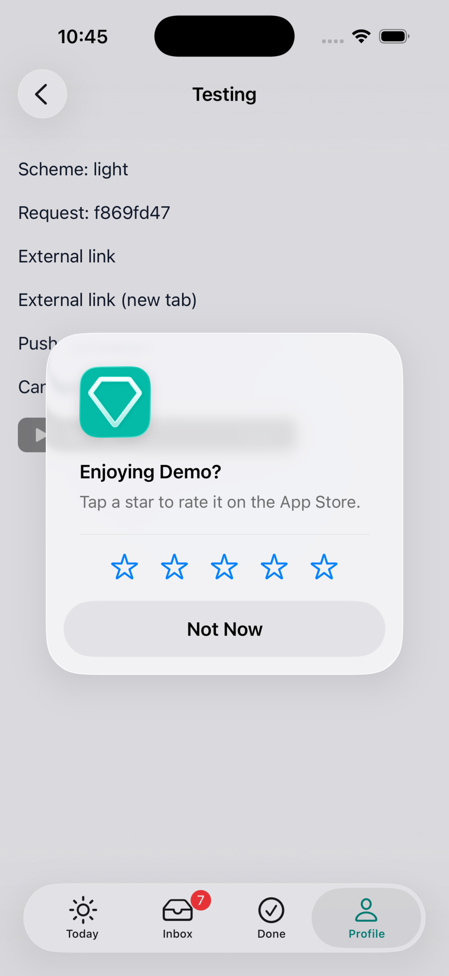 App Store rating prompt over the app on iOS