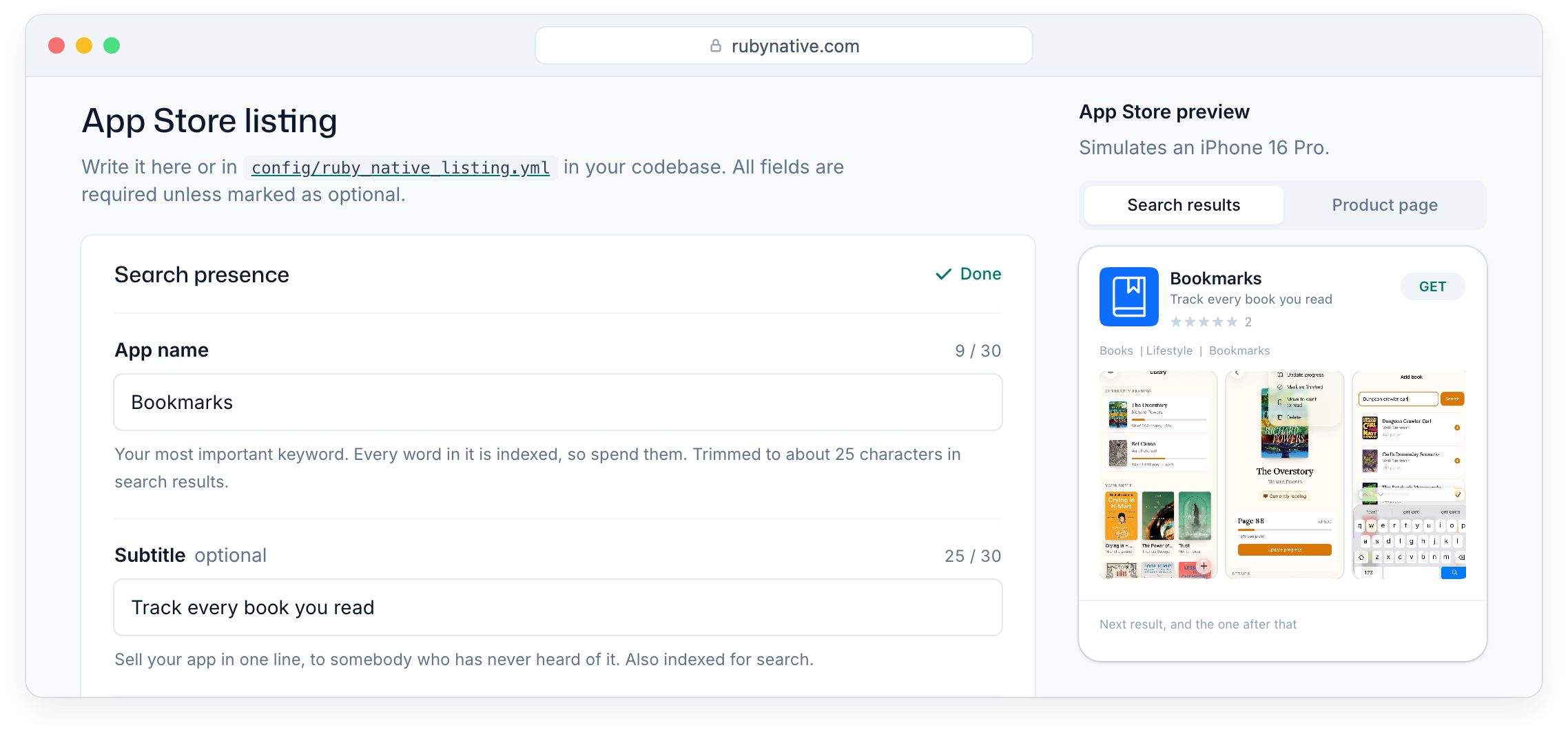The App Store listing in the dashboard, with a live preview of how the app shows up in search