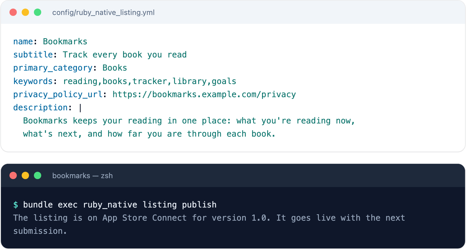 The listing in config/ruby_native_listing.yml, published with ruby_native listing publish